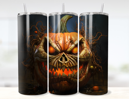 Scary Carved Pumpkin with Skeleton Face Halloween Tumbler Wrap PNG