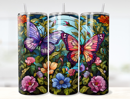 Stained Glass Butterflies and Flowers Tumbler Wrap PNG