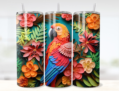 3D Parrot and Tropical Flowers Layered Paper Tumbler Wrap PNG