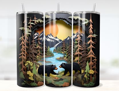 3D Bears in the Wilderness Layered Paper Tumbler Wrap PNG