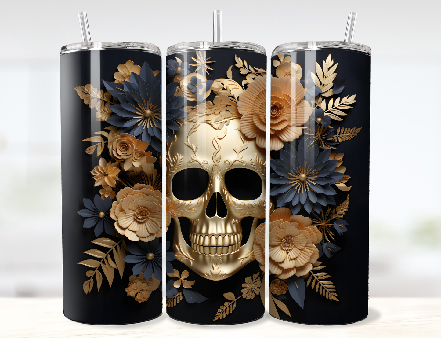 3D Gold Skull with Navy and Gold Flowers Tumbler Wrap PNG